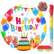 Aoriher Birthday Piñata Birthday Piñata Colorful Happy BDAY Balloons Piñata with Bat Stick Blindfold Mask for Colorful BDAY Theme Party Game Supplies Decoration, 12.6 x 12.6 x 3 Inch A101