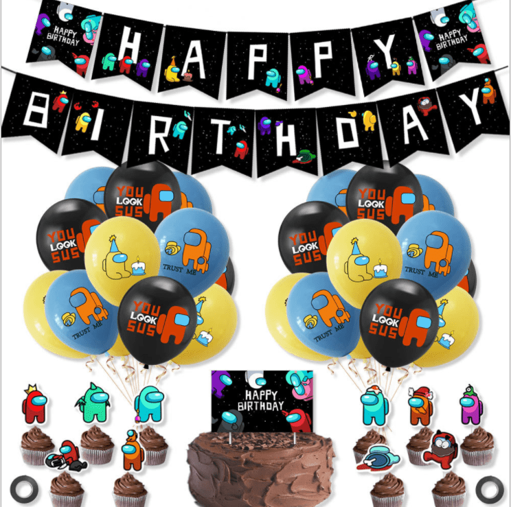 18 Pack Balloons 145 Pcs Party Supplies Includes 1 Pack Banner 24 Pack Small Cake Toppers 100 Pack Among Us Stickers and 1 Pack coil for Kids & Fans Among Us Game Theme Birthday Party Decorations 1 Pack Big Cake Toppers Among Us Party Decorations Set