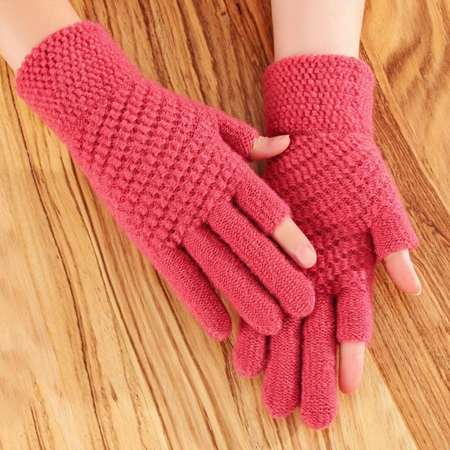 Womens Winter Screen Knit Warm Lining Three Finger Double Touchable Screen Sms Fingertip Design Mittens