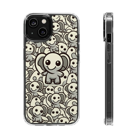 DistinctInk Hybrid (Acrylic / TPU) Clear Slim Fit Case for Apple iPhone 14 (6.1" Screen) - "Elephant Parade: A Playful Cartoon Pattern"