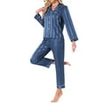 thumbnail image 4 of INSPIRE CHIC Women's Satin Pajamas Stripe Lounge Nightshirt Button Down Tops with Pants Pj Sets L Blue, 4 of 5