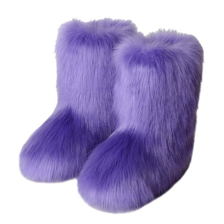 

Women s Faux fur Boots Winter -Calf Warm Snow Boots Fuzzy Fluffy Furry Comfy Short Boots Indoor Outdoor Flat Boots