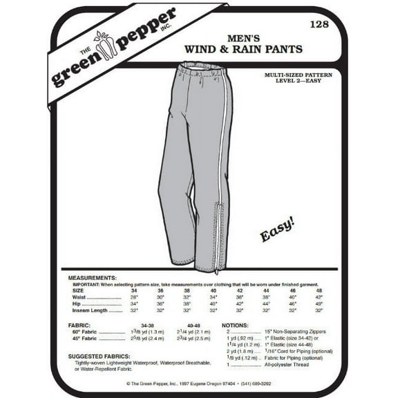 Men's Wind and Rain Pants #128 Sewing Pattern (Pattern Only)
