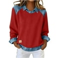 thumbnail image 6 of Brglopf Trendy Long Sleeve Shirts for Women Denim Collar Patchwork Stitching Sweatshirt Casual Loose Pullover Tops Red XXL, 6 of 9