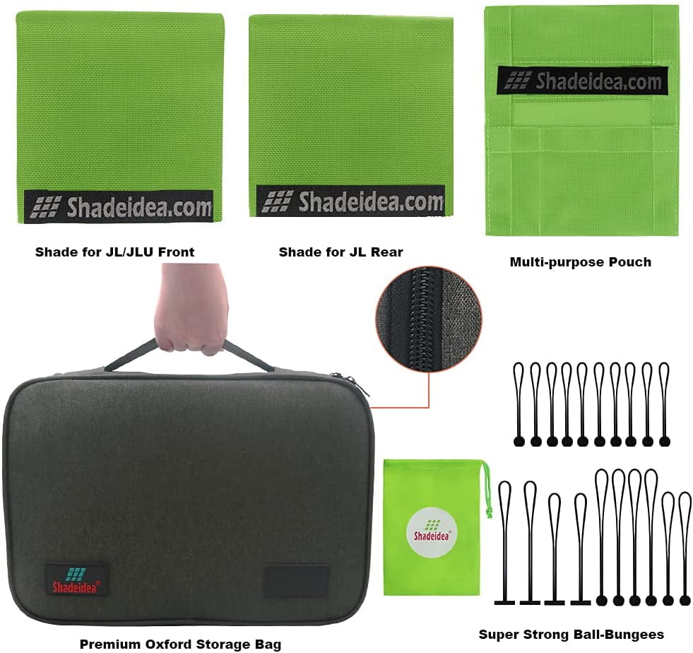 Shadeidea JL Sun Shade for Jeep Wrangler 2 Door Top Sunshade ( 2018 - Current ), Front & Rear - Green Mesh Screen Wrangler Cover, UV Blocker with Grab Bag Pouch - 10 Years Warranty