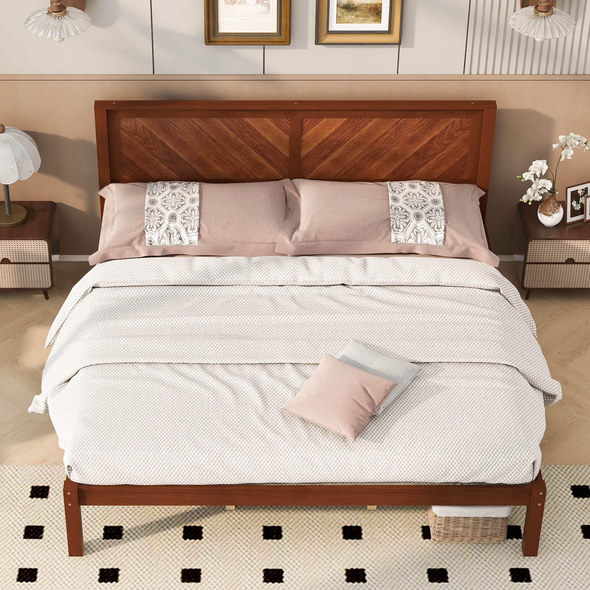 King Bed Frame with Herringbone Wood Headboard, Solid Wood Platform Bed and Mattress Foundation with Under-Bed Storage for Bedroom, Walnut Finish