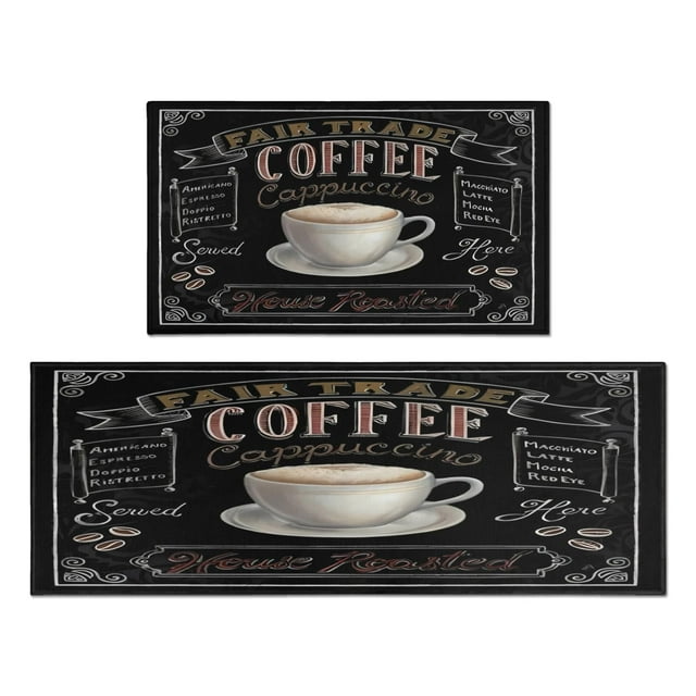 Coffee Black Vintage Pattern Style Kitchen Rug Washable Non-Slip, Absorbent Mats Set Of 2 for Sink Waterproof Runner Rug for Laundry Room,kitchen Mats 17.7x24+17.7x48inch