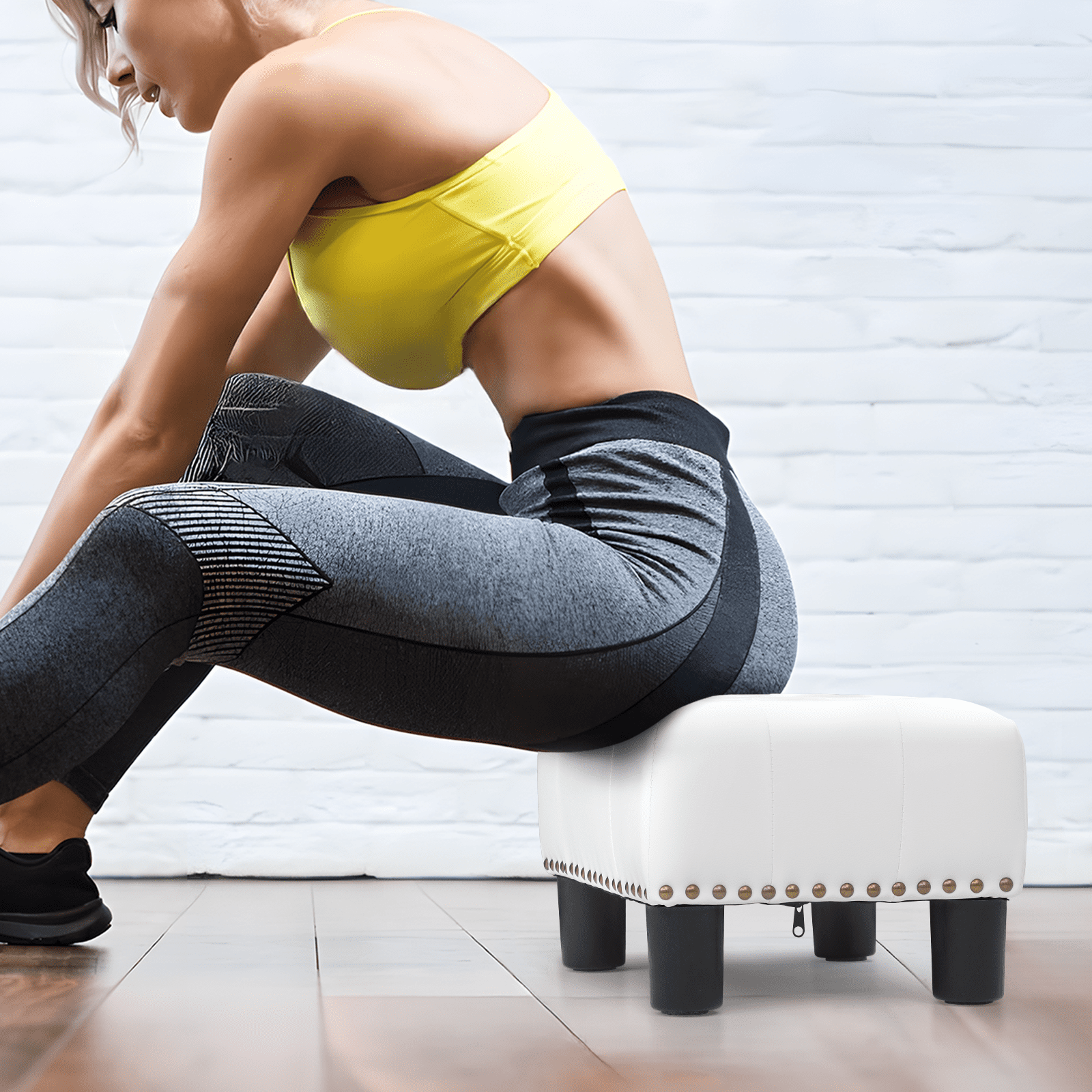 Magshion Foot Stool Ottoman with Padded Seat, Modern PU Leather Footrest, Rectangular Seat Stool, White
