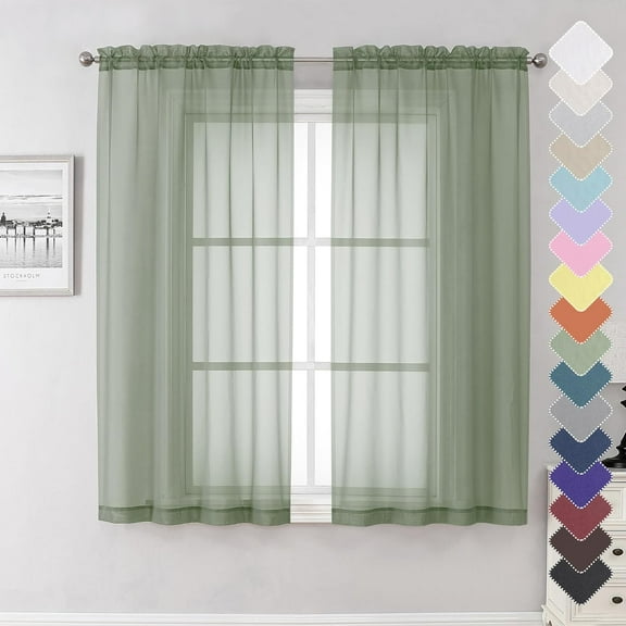 FAGRSA-Sage Green Sheer Curtains 63 Inch Long 2 Panels, Elegant Voile Drapes for Dinning Small Windows, Light Filtering Voile Curtain for Living Room Bedroom Bathroom, Dual Rod Pocket, 40" Wx63 L