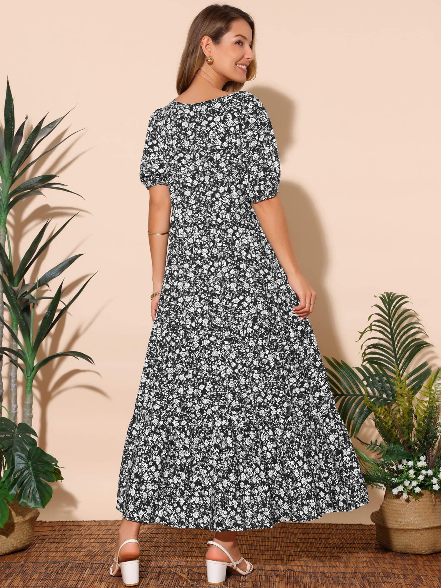 DARING DIVA Women's Floral Short Sleeve Square Neck Boho Casual Dress S Black