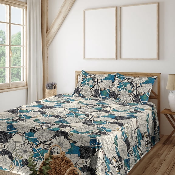 Ambesonne Flower Fitted & Flat Sheet with Shams 4 Pcs Set, Abstract Floral Ornaments, King, Champagne and Dark Turquoise