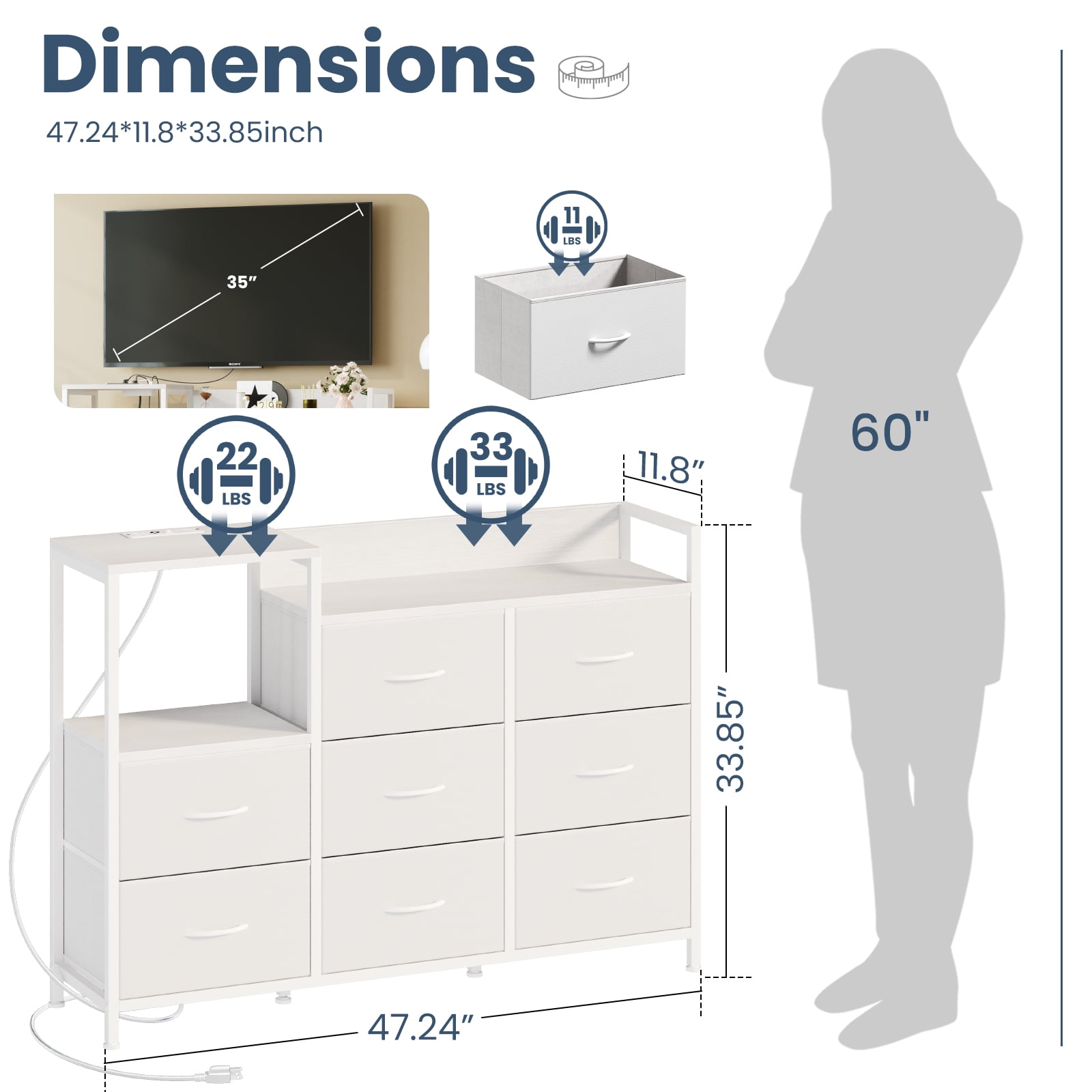 EDX 8 Drawer Dresser TV Stand, with Power Outlets and Open Shelves, for Bedroom and Living Room, White