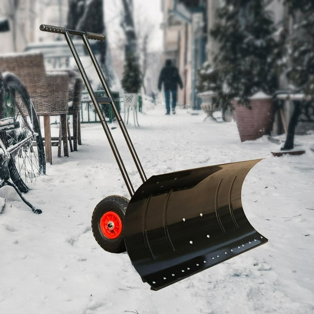 Wheeled Snow Pusher Snow Plow Adjustable Handle Snow Pushing Portable Winter Snow Pusher Rolling Removal Tool for Car Pavement Garden Double Pole