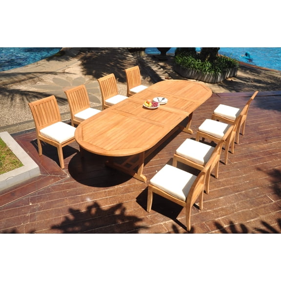 Grade-A Teak Dining Set: 8 Seater 9 Pc: 118" Double Extension Mas Oval Trestle Leg Table And 8 Lagos Armless Chairs Outdoor WholesaleTeak #WMLG42