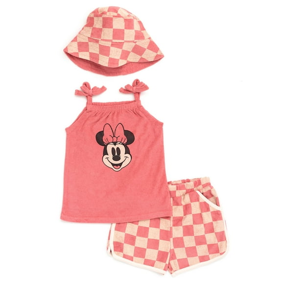 Disney Minnie Mouse Infant Baby Girls Tank Top Active Retro Dolphin Shorts and Hat 3 Piece Newborn to Infant
