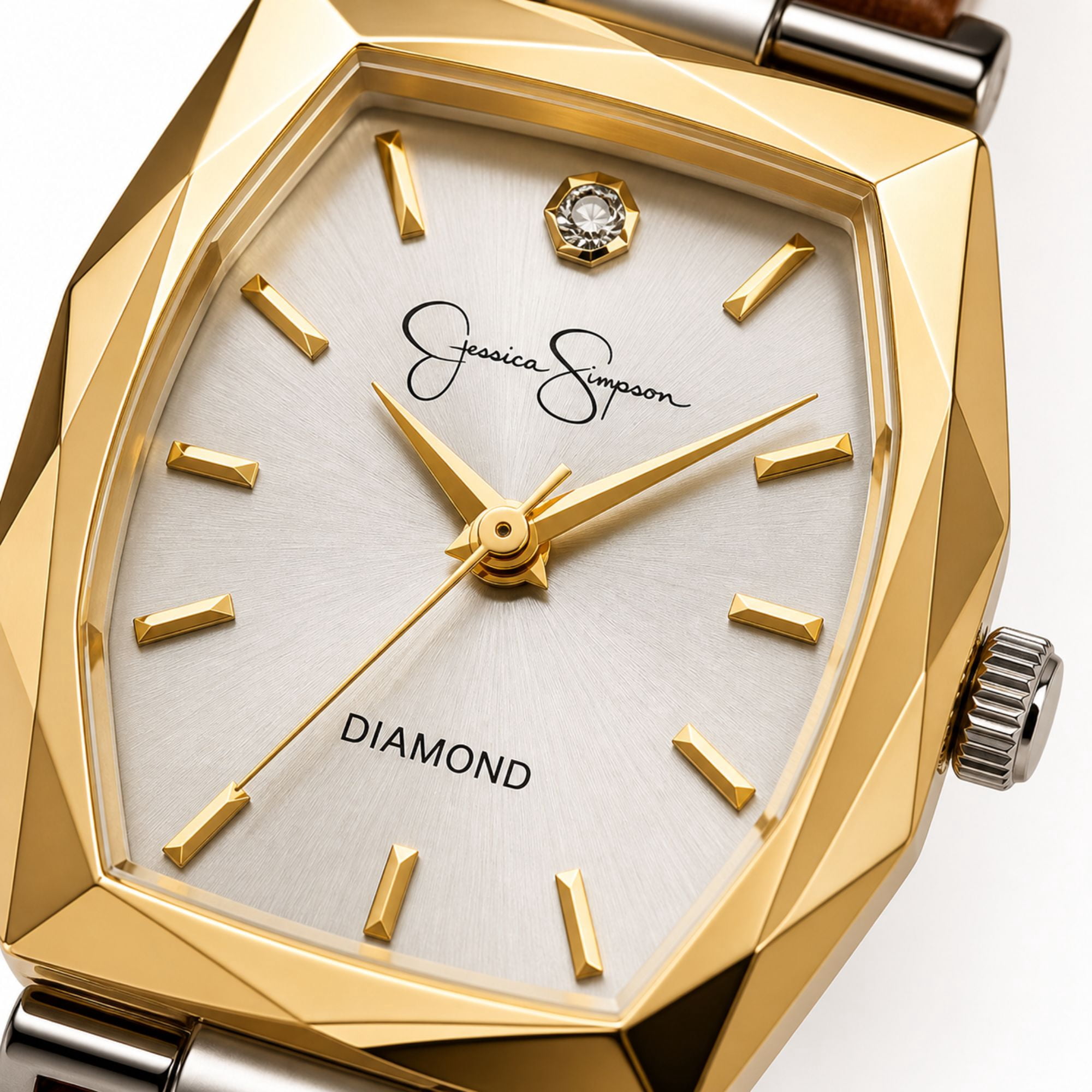 Jessica Simpson Diamond Collection Women's Dress Watch – Classic Quartz, Leather Band, Barrel Faceted Crystal Face, Elegant Timepiece