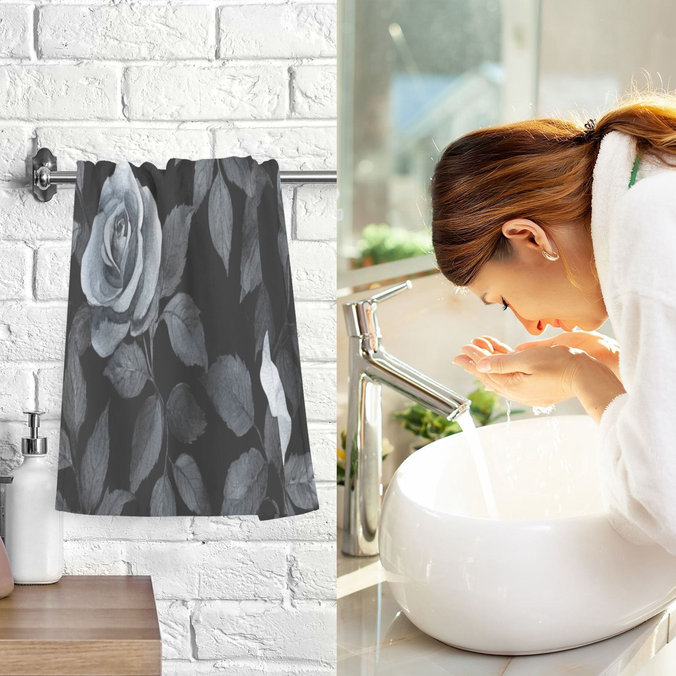 Cotton Towel Two-Piece 16x28 Inch One Sizex2 Face Towel Set Towel Set Cotton Hand Bath Towel Bathroom Beach Black Roses