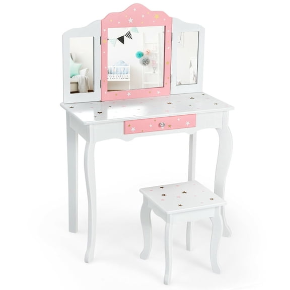Furnibear Kids Vanity Table and Stool Set with Tri-Folding Mirror and Drawer, 2-in-1 Princess Dressing Table and Writing Desk for Girls, White