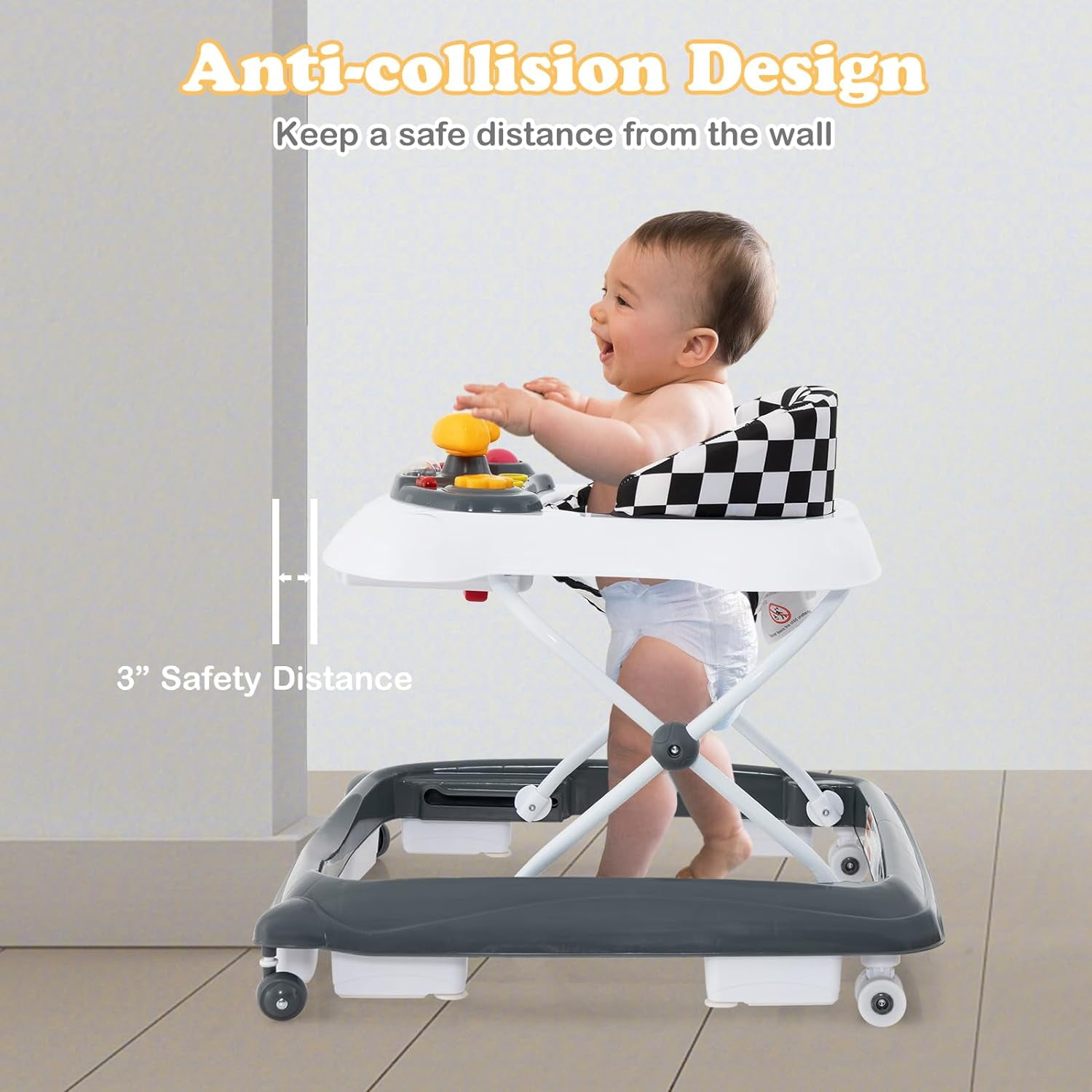 INFANS Foldable Baby Walker, 3 in 1 Toddler Walker Leaning-Seated Walk-Behind with Removable Music Tray, Adjustable Height, Washable Seat Cushion for Boys and Girls