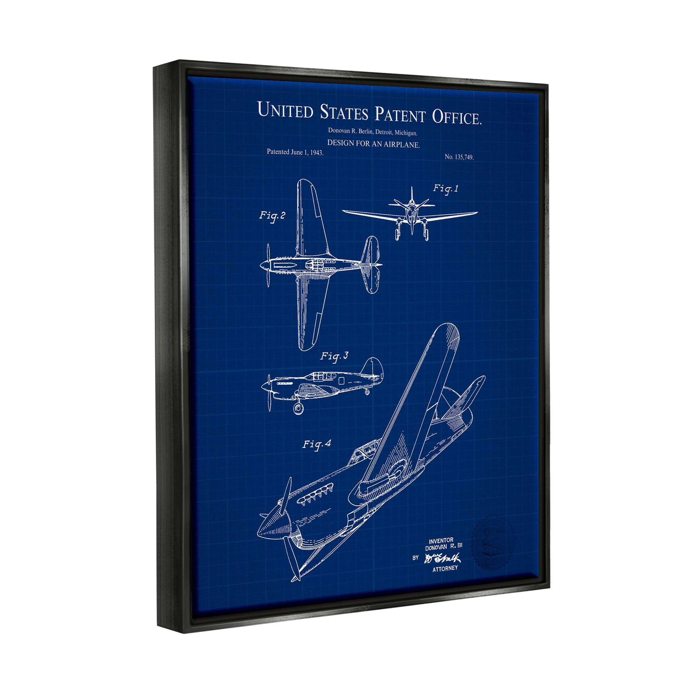 Stupell Industries Vivid Aircraft Blueprint Patent Graphic Art Jet Black Floating Framed Canvas Print Wall Art, Design by Karl Hronek