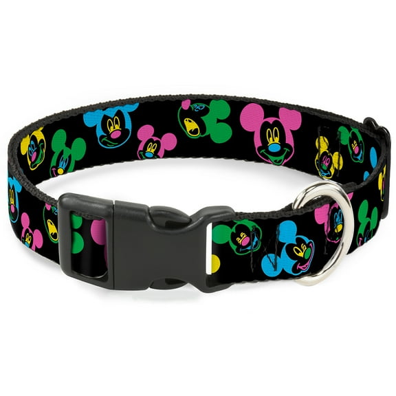 Disney Pet Collar, Dog Collar Plastic Buckle, Mickey Mouse Expressions Scattered Black Multi Neon, 7 to 8.5 Inches 0.5 Inch Wide