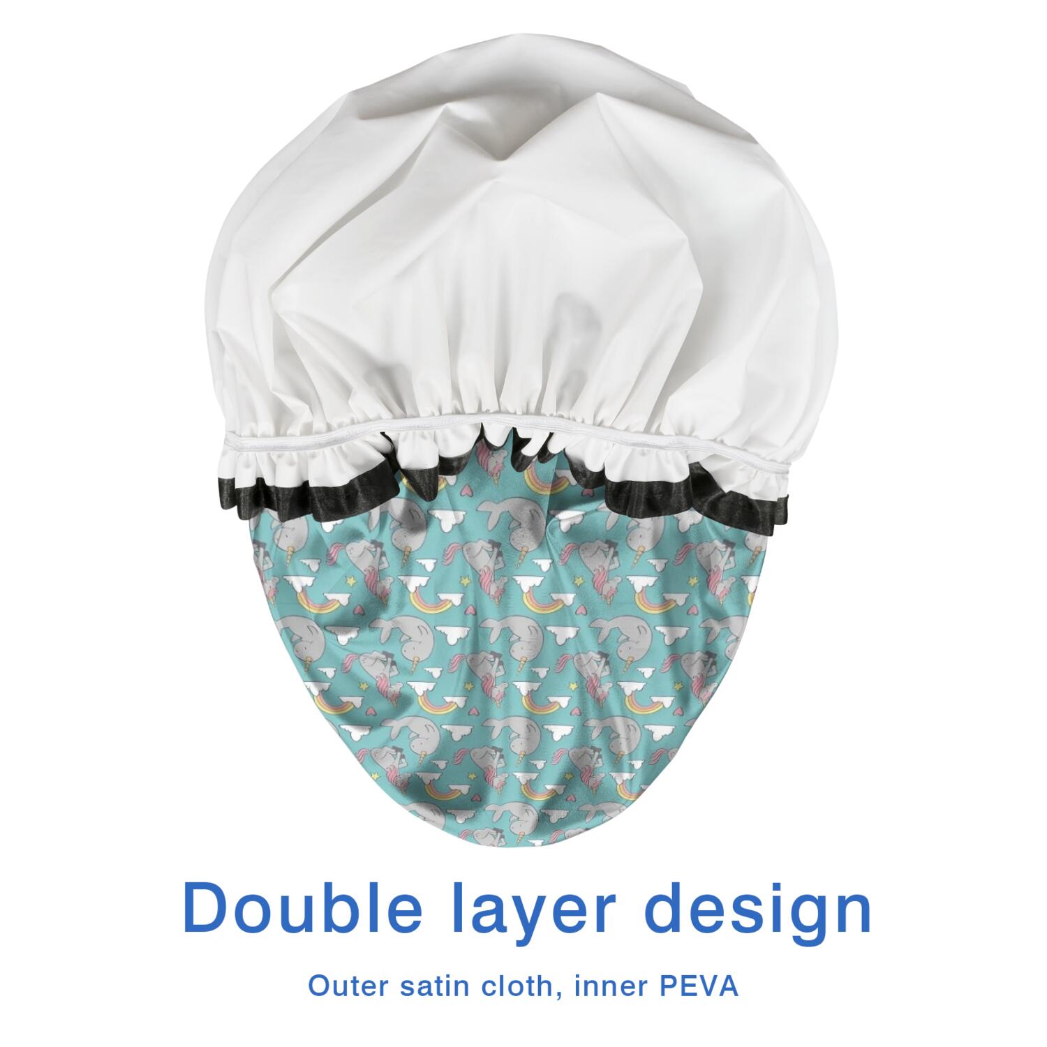 Shower Caps,Light Blue Cartoon Narwhal Rainbow Pattern Waterproof Shower Cap for Women 4 Pieces,Double Reusable Hair Cover for Shower PEVA Elastic Stretch Hem