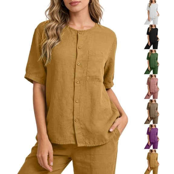 Thousandth Women's Cotton Blend Blouses Summer Boho Breathable Casual T-Shirts Embroidered V-Neck Shirts Loose Fit Button Down Daily Tops