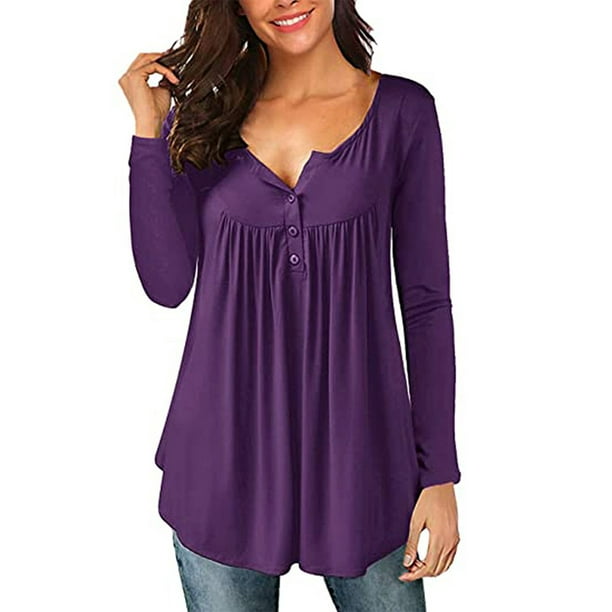 Túnica de mujer Tops de manga larga suelta cuello en V con botones y plisado fluido Otoño Invierno Henley Camisas blusa camiseta