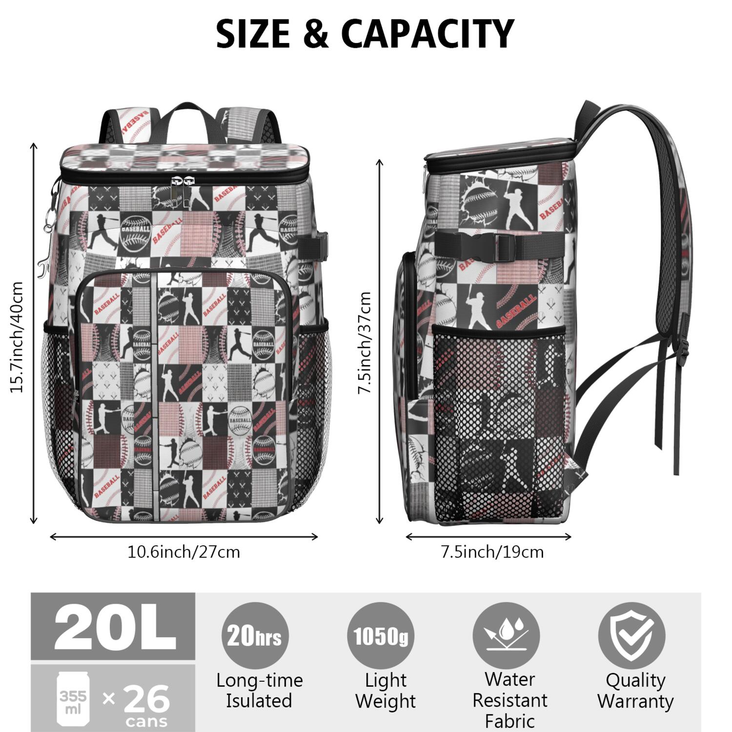 Travel Cooler Bag - Baseball Patchwork Pattern Camping Beer Cooler Backpack with Bottle Opener- Waterproof Insulated Picnic Backpacks - Cooler Bag for Beach