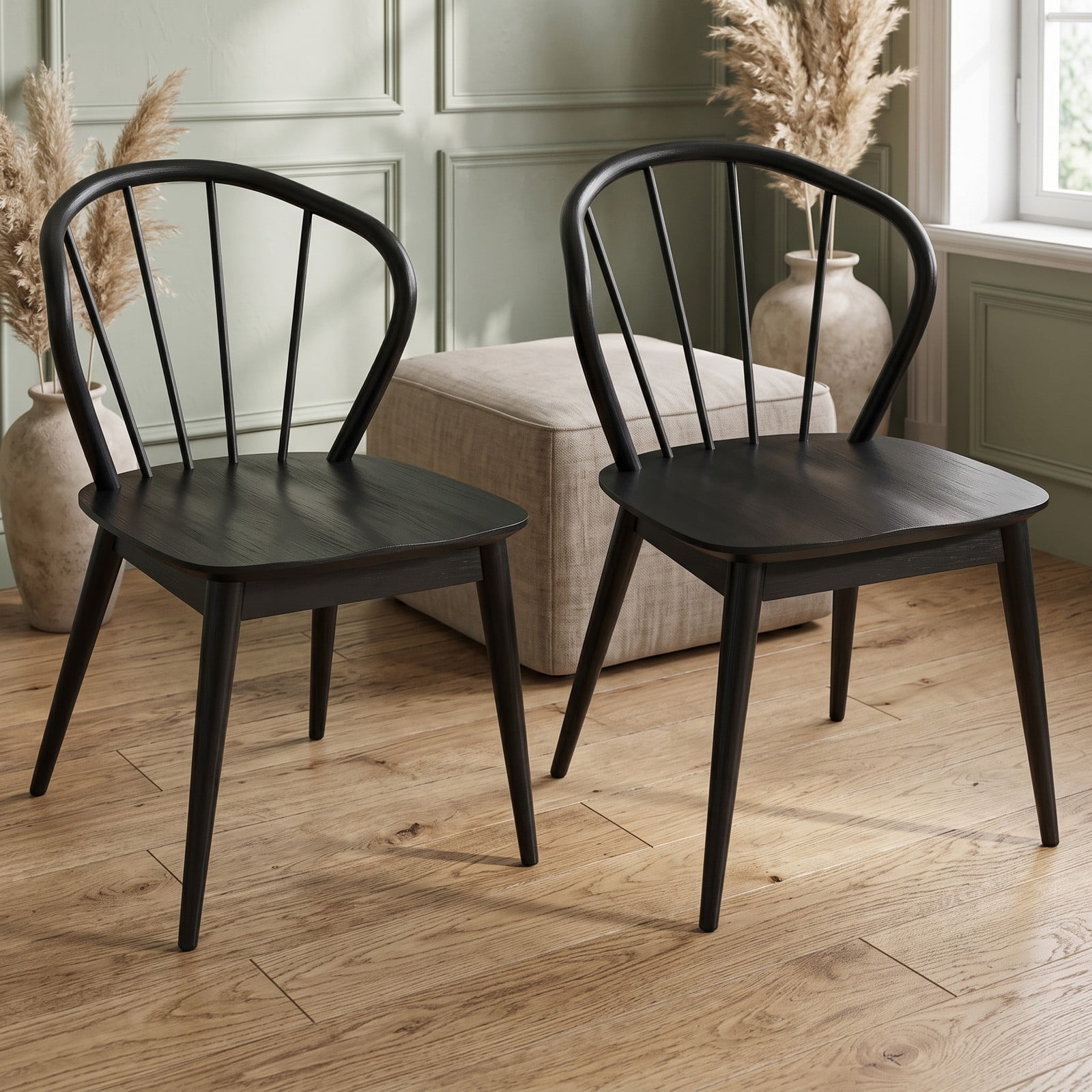 Furnibear Wooden Dining Chair Set of 2, High Spindle Back Kitchen Side Chairs with Wide Seat, Solid Rubber Wood Frame Armless Accent Chairs for Dining, Walnut Black