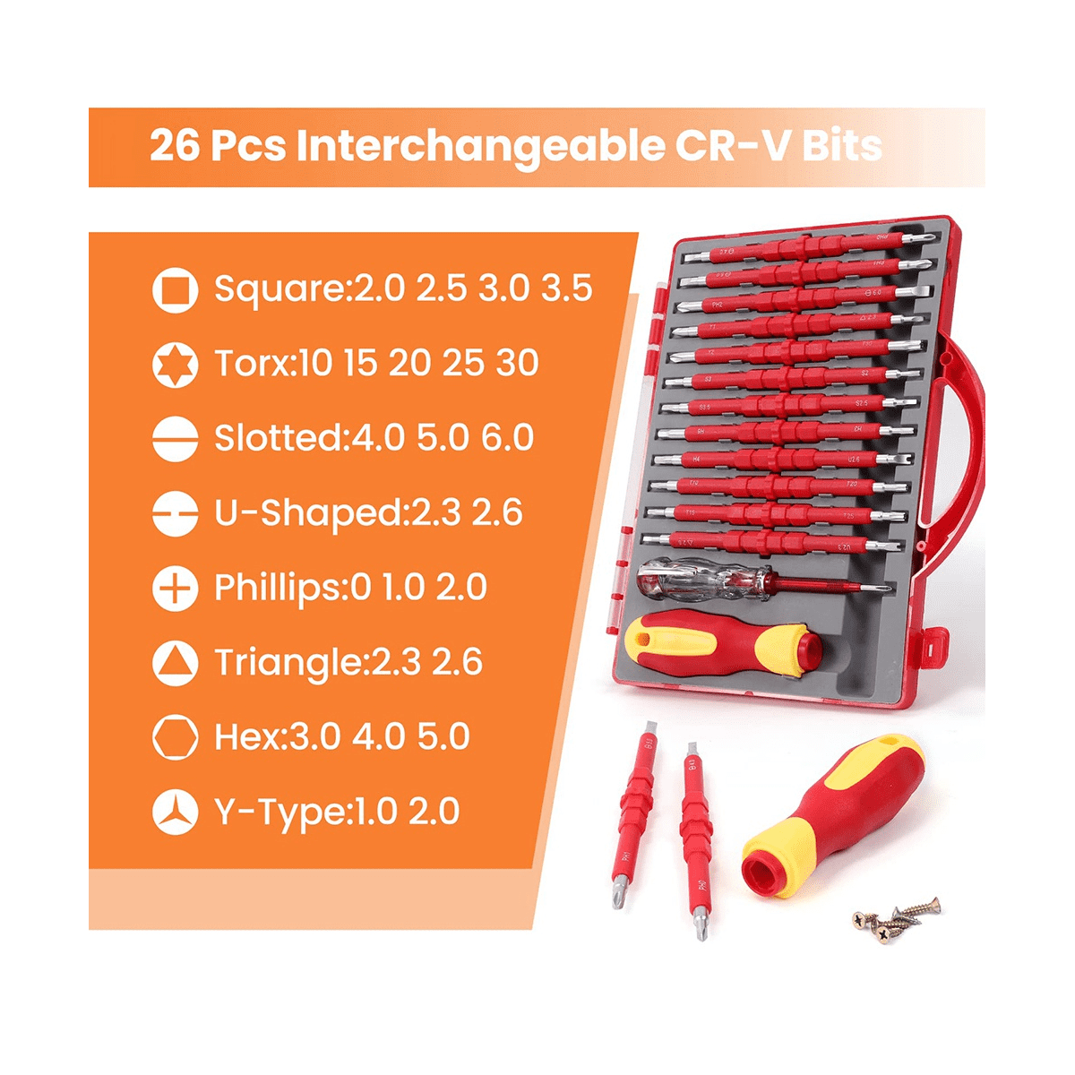 26-Piece 1000V Insulated Electrician Screwdriver Set Professional Electrical Screw Driver Set Tools for Man with Case