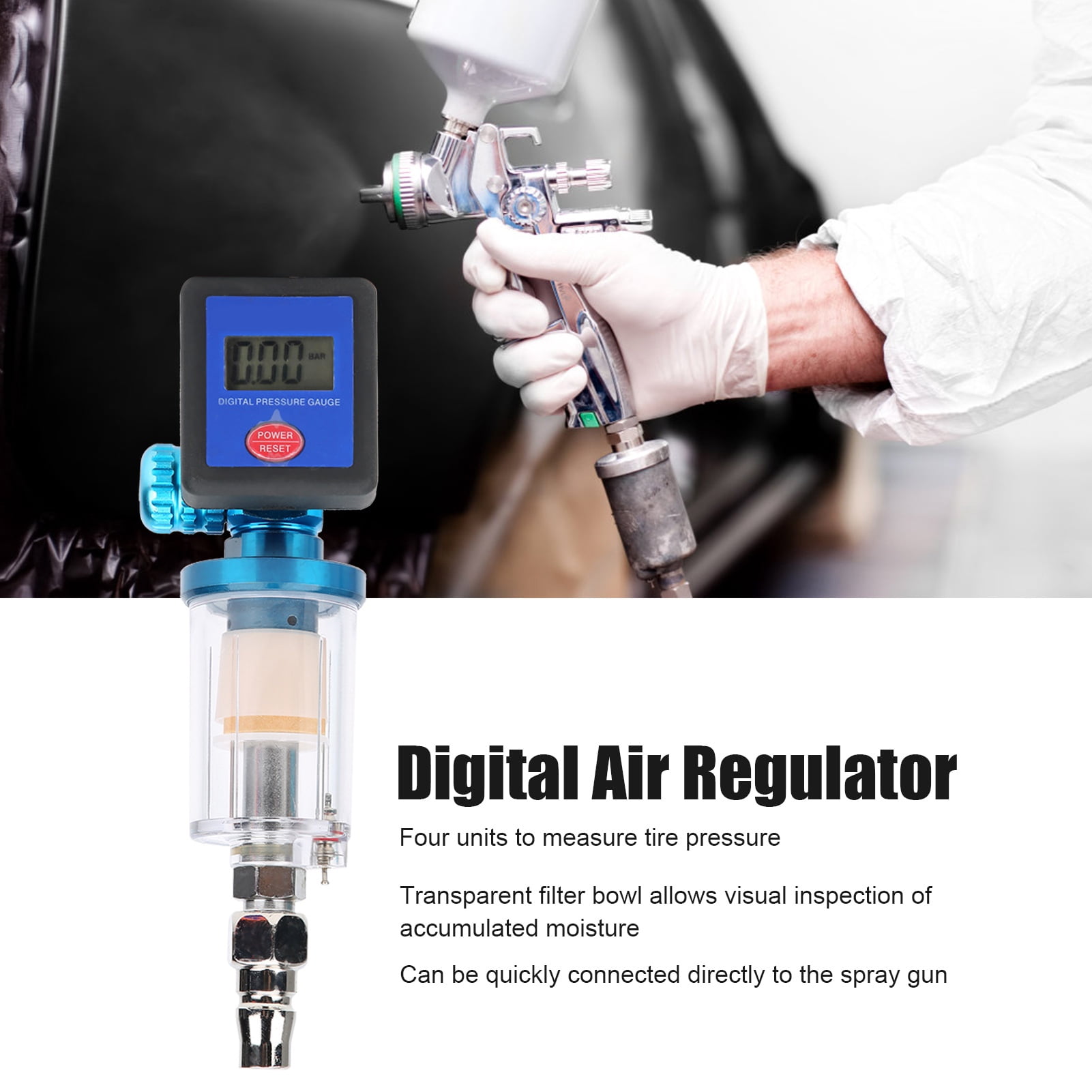 Details about   1/4in Digital Air Regulator Pressure Meter Water Trap Filter MF08 MF01+Connector 