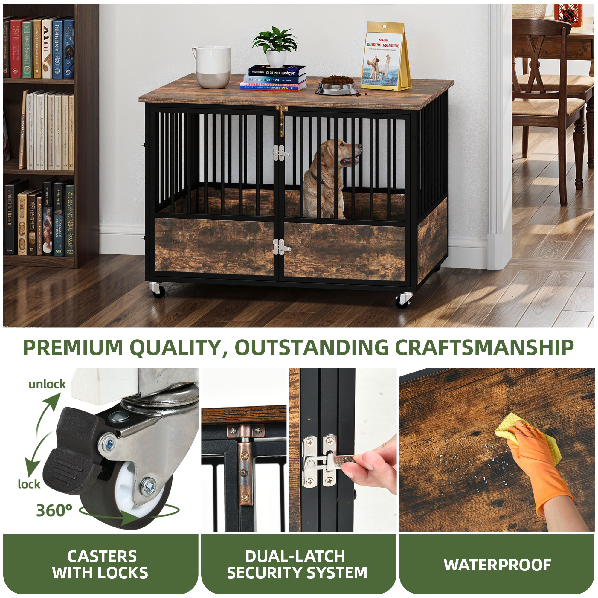 Uforic 43" Rustic Brown Dog Crate Furniture with Wheels, Double-Door Kennel for Small/Medium/Large Dogs, Escape-Proof Indoor Pet Cage, Wooden End Table