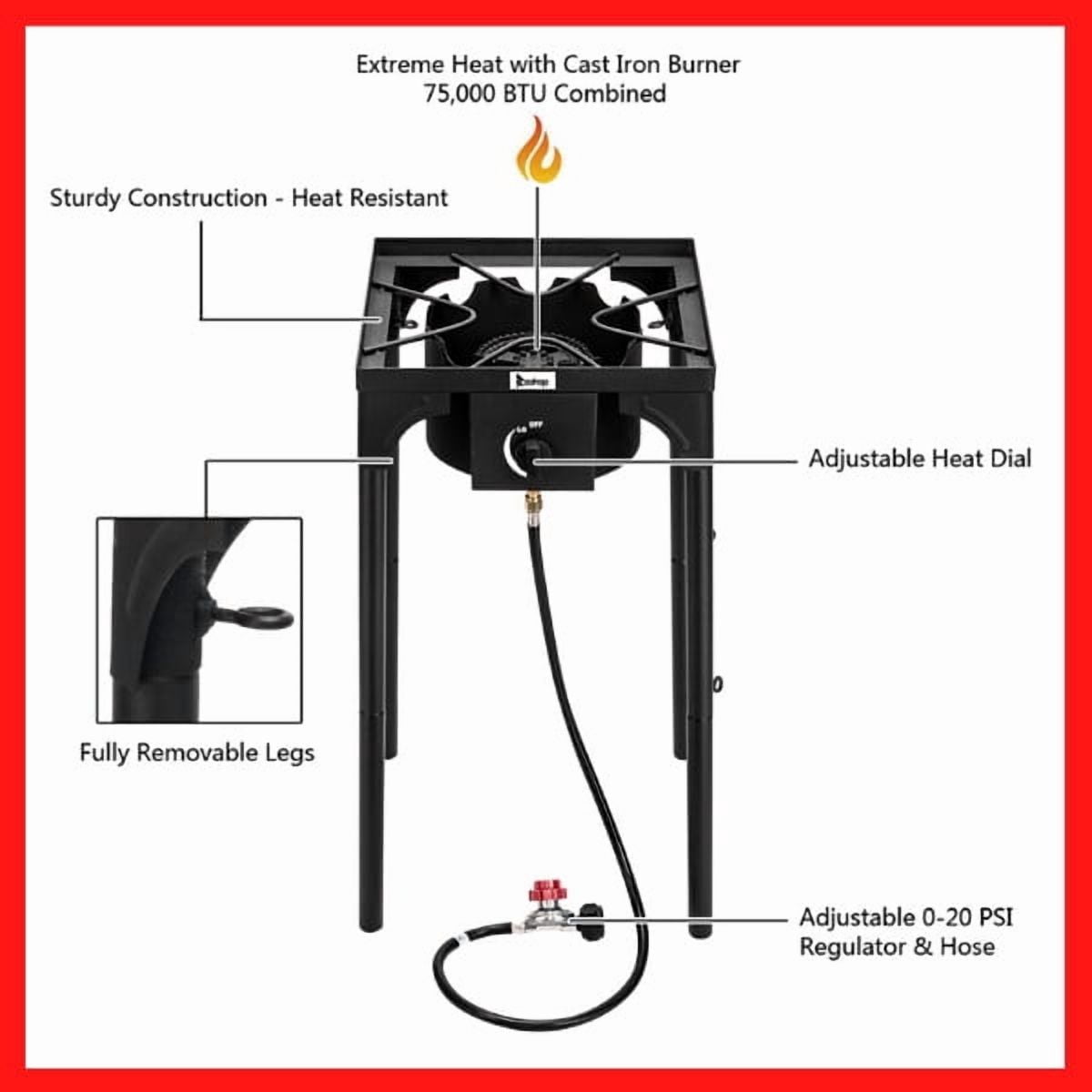 Outdoor Camp Stove High Pressure Propane Gas Cooker Portable Cast Iron Patio Cooking Burner (Single Burner 75000-BTU)
