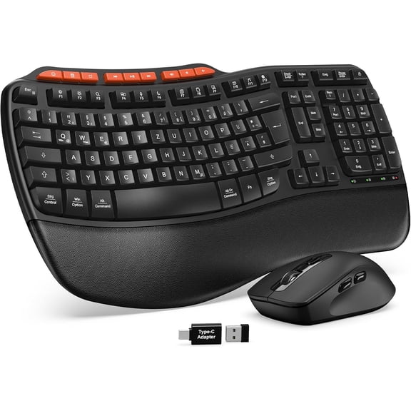 Ergonomic Wireless Keyboard and Mouse Combo, 2.4G Full Size Wave Keyboard with Cushioned Palm Rest, 3 DPI Adjustable Mouse, USB-A & C Compatible with Computer, Laptop, Mac & Tablet