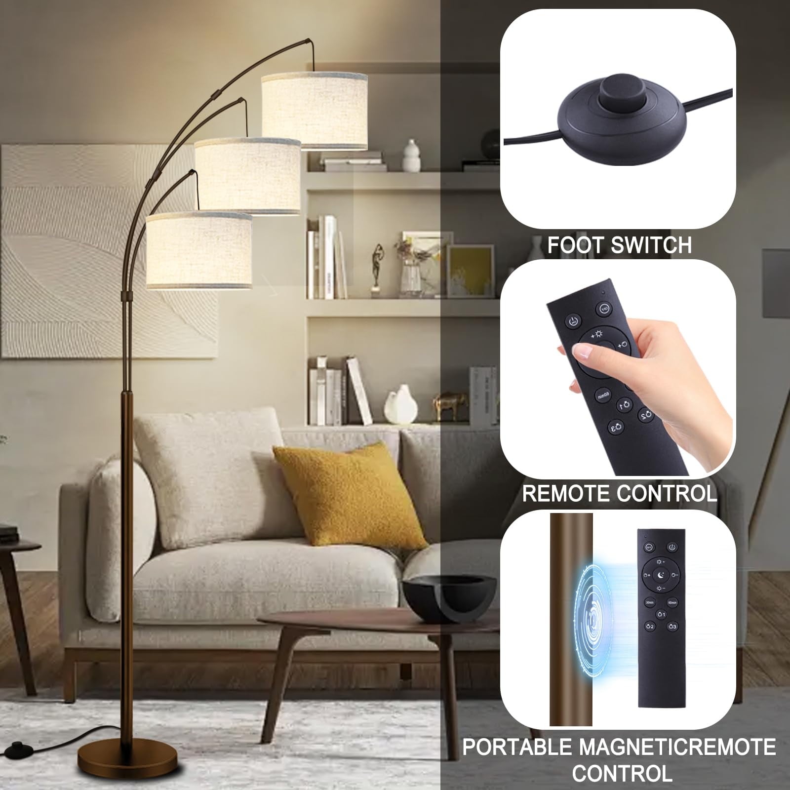 Lambaolom 74" 3-Light Modern Remote Control Black Arc Floor Lamp with Beige Drum Shade