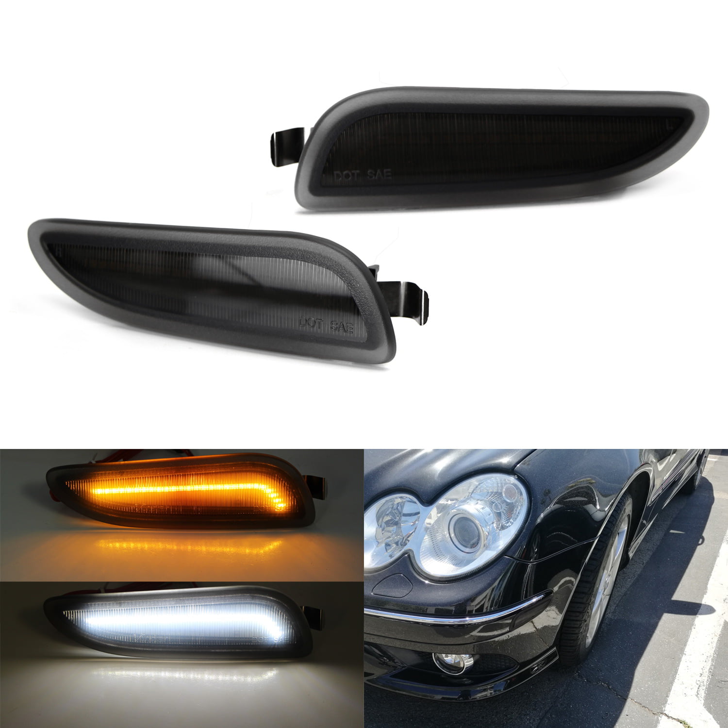 Powered by 30-SMD LED iJDMTOY Clear Lens Amber Full LED Bumper Side Marker Light Kit Compatible With 2003-2009 Mercedes W209 C209 CLK-Class Coupe Replace OEM Front Sidemarker Lamps 