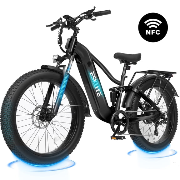 ESKUTE Electric Bike for Adults, 750W Motor, 20MPH, 48V 20.8Ah Battery, Up to 80-Mile Range, 26"x4.0" Fat Tires, Full Suspension, 8-Speed Black