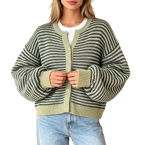 Womens Striped Cardigan Sweaters Long Sleeve Button Up Knit Tops Oversized Button Down Fall Winter Cardigan (Z002#-Green XL)