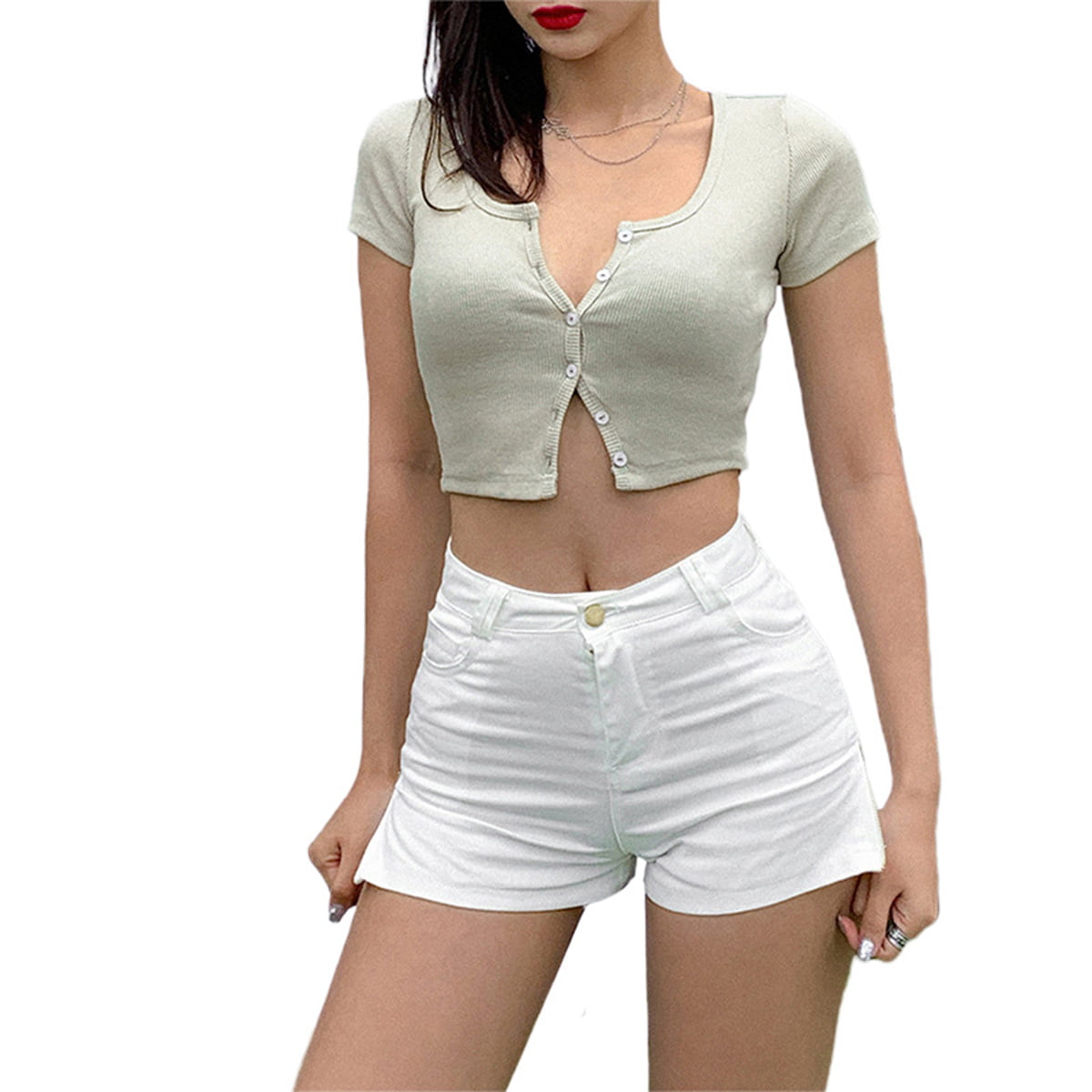 SUNSIOM Women Stretchy Crop Top, Button Tight Rib-Knitted 