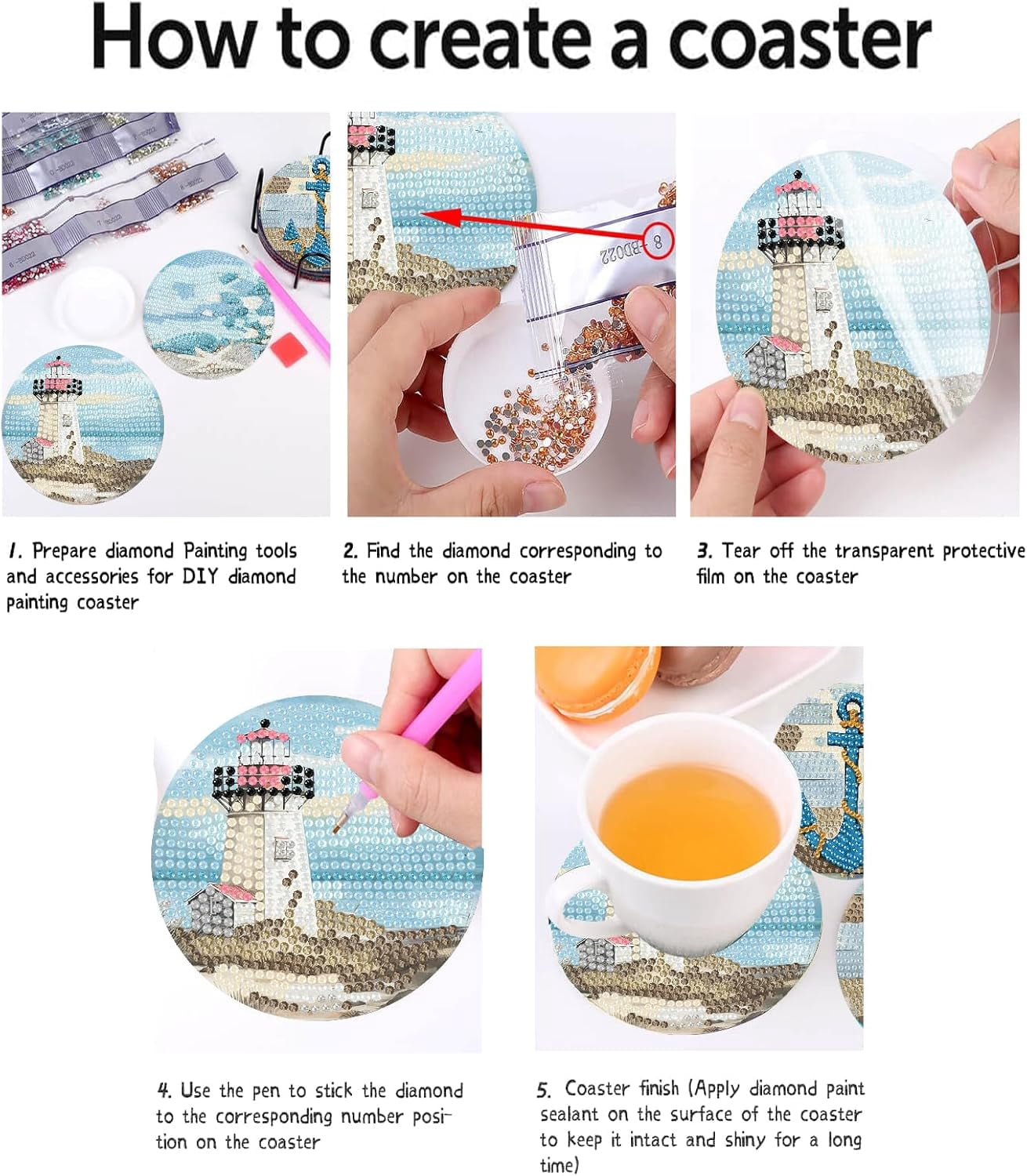 8 Pcs Beach Diamond Art Coasters Kits with Holder, Sea Diamond Painting Coasters Kits for Adults, Light House DIY 5D Diamond Dots Small Mini Kit Full Drill Art Craft Supplies 4X4 Inch