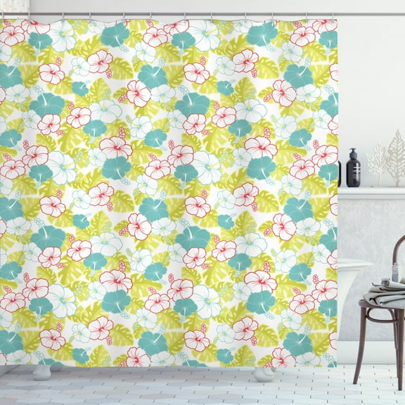 Hawaiian Shower Curtain, Scene of Hibiscus Flowers and Monstera Leaves, Fabric Bathroom Set with Hooks, 69W X 70L Inches, Pale Teal Dark Coral Yellow Green Pastel Yellow, by Ambesonne