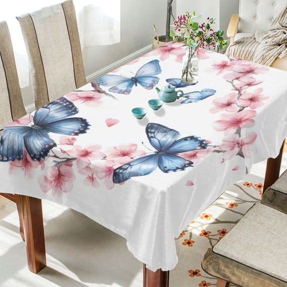 WOBOGO Blue Butterfly Pink Floral Square Tablecloth 54×54in Polyester Fabric Tablecloth Washable Dust Resistant Wrinkle Resistant