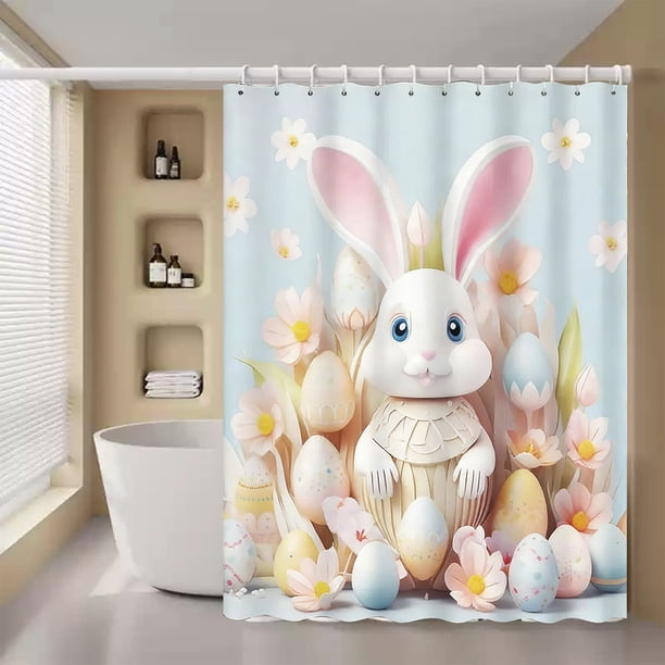 Cortina de ducha y ventana de baño con estampado de conejito de Pascua de primavera, cortina de ducha de nailon lavable.