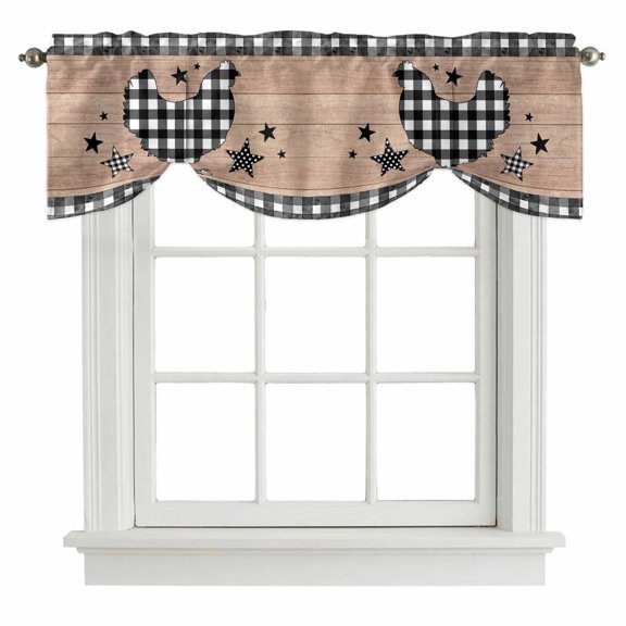 Tie Up Valance Curtain for Kitchen, Farm Chicken Star Black White Plaid Rod Pocket Curtains Adjustable Tie-Up Shade Valances 42x12in, Retro Brown Wood Board Window Treatment for Bedroom Bathroom