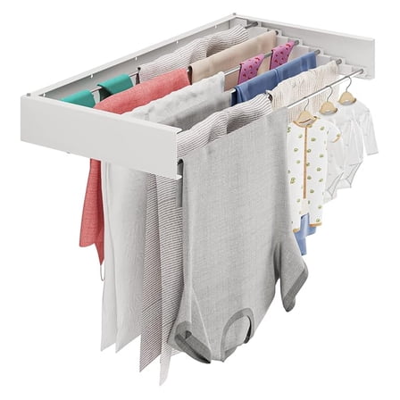 Wall Mounted Clothes Drying Rack - BGT 40'' Retractable Laundry Rack - Space Saving Foldable Drying Rack - Metal, White