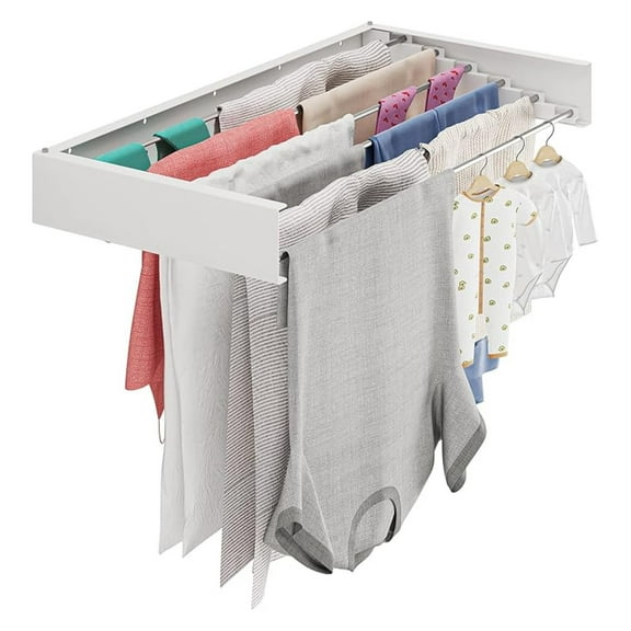 Wall Mounted Clothes Drying Rack - BGT 40'' Retractable Laundry Rack - Space Saving Foldable Drying Rack - Metal, White