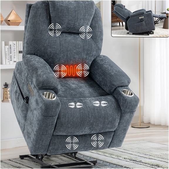 JERFIT Power Lift Recliner Chair with Massage and Heat, Blue Chenille Fabric Reclining Chair with USB Charging, Cup Holders for Living Room