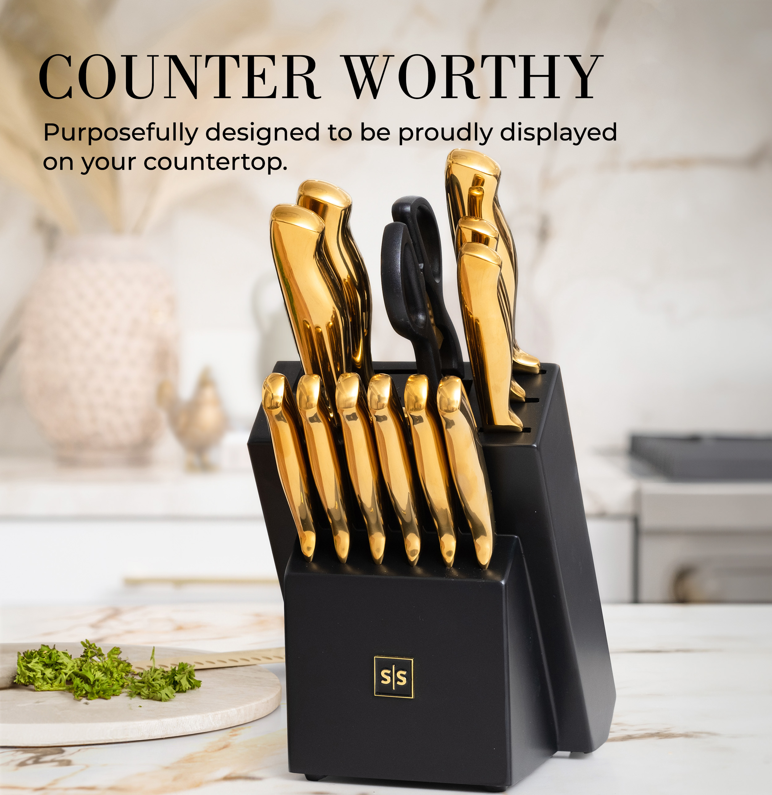 Black and Gold Knife Set with Block - 14 Piece Gold Knife Set with Sharpener Includes Full Tang Gold Knives and Self Sharpening Knife Block Set - Black and Gold Kitchen Accessories, Gold Kitchen Deco