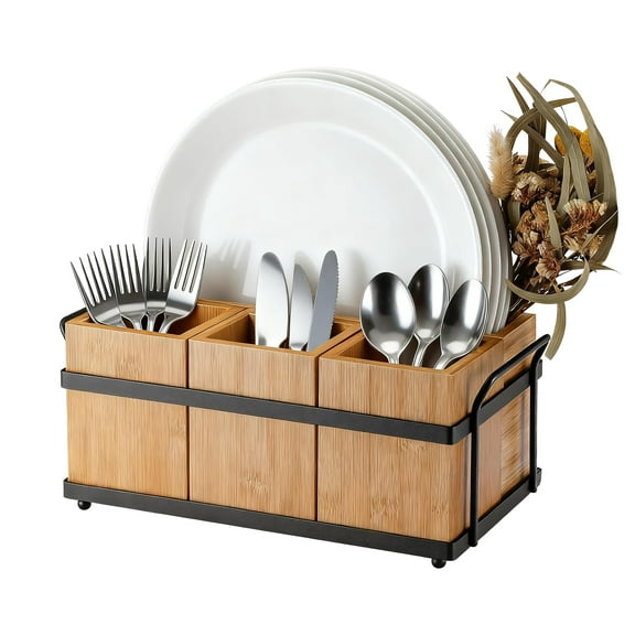 BouPower Bamboo Utensil Holder, Flatware Caddy with 4 Detachable Compartments & Metal Tray, Retro-Chic Silverware Organizer Portable Versatile for Kitchen Camping Picnic Party Buffet
